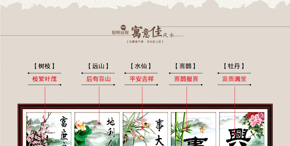 
                                        丝蒂尔十字绣新款客厅棉线家和万事兴梅兰竹菊五联画 155*65家和万事兴五联画小版H1861                
