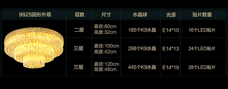 艾斯尼奢华高档酒店工程大厅灯香槟金色聚宝盆圆形客厅灯水晶灯LED吸顶灯卧室灯具灯饰9925 大功率120*80三层透明