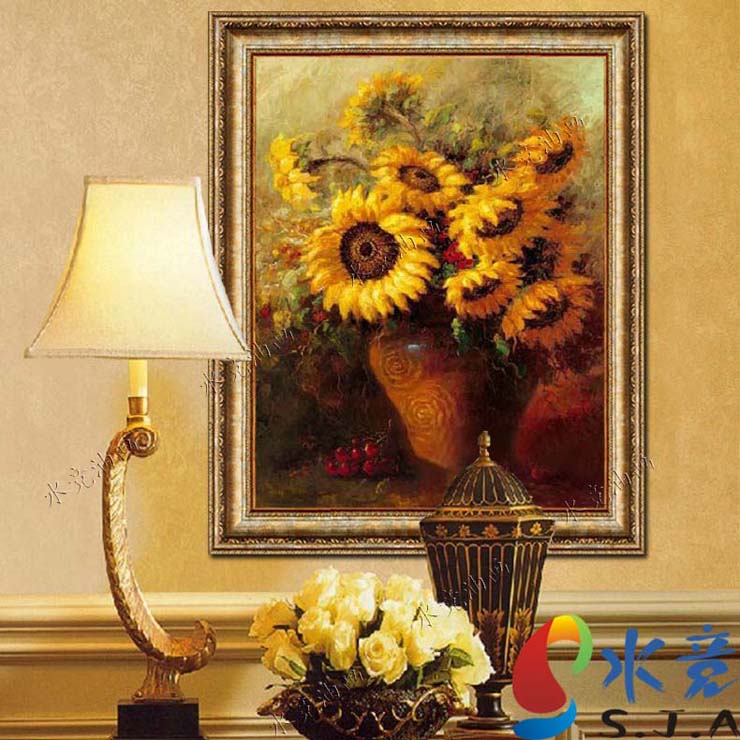 
                                        水竞花卉油画向日葵画玄关挂画竖书房壁画餐厅墙画卧室客厅过道走廊画 P3雅韵金PS框 80*100                