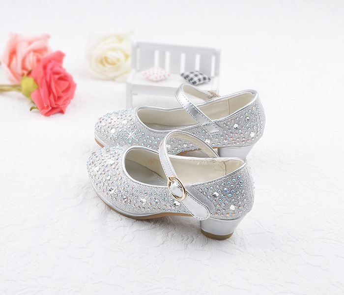 迪日2017新款儿童高跟鞋公主鞋灰姑娘水晶鞋银色舞蹈鞋中大童鞋女童单