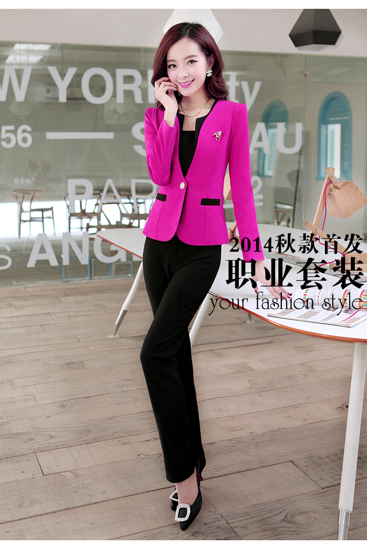 尚曼涵 2015春装新款职业休闲西服大码修身显瘦小西装女装女士黑色短外套 D9822 玫红西装+吊带 L