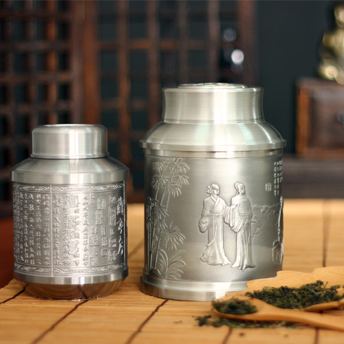 品茶忆友 锡制茶叶罐 兰亭序茶叶盒 纯锡茶盒 密封罐 茶道配件 竹林七贤特大号