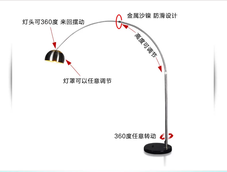 煜尚 LED护眼不锈钢落地灯 客厅卧室床头钓鱼灯 宜家书房麻将棋牌装饰台灯 大号7W+可白光暖光灯泡