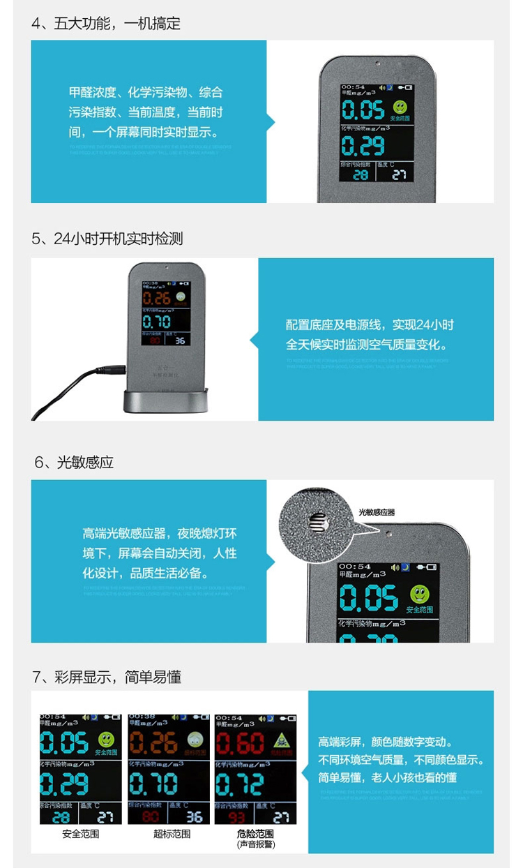 
                                        家用测甲醛检测仪器TVOC苯五合一检测室内空气质量测试                
