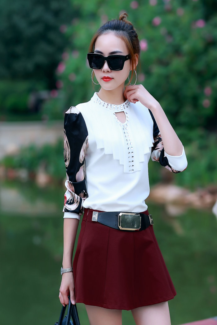 婉洛2015秋季新款女装立体图案修身打底长袖T恤女 GD9567 酒红色 M
