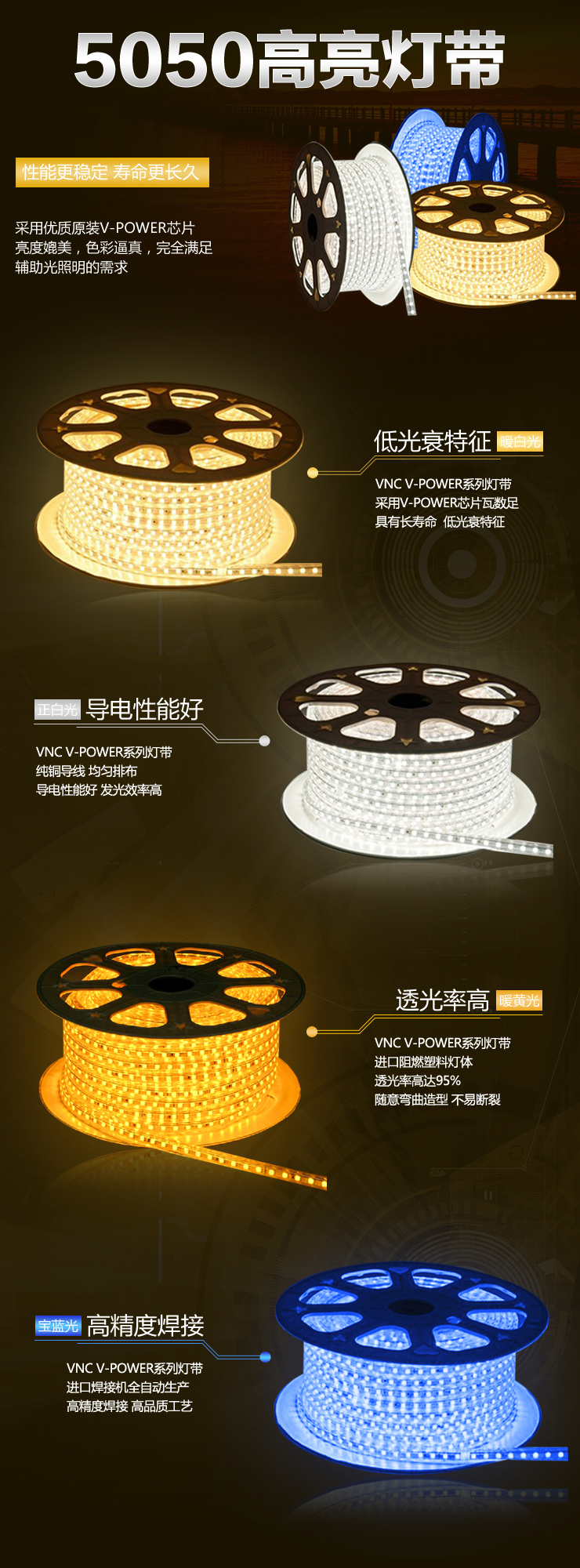 VNC  买一送一 正品系列 LED灯带灯条超高亮5050/国标灯带暗槽 客厅吊顶 超亮款120珠暖白光