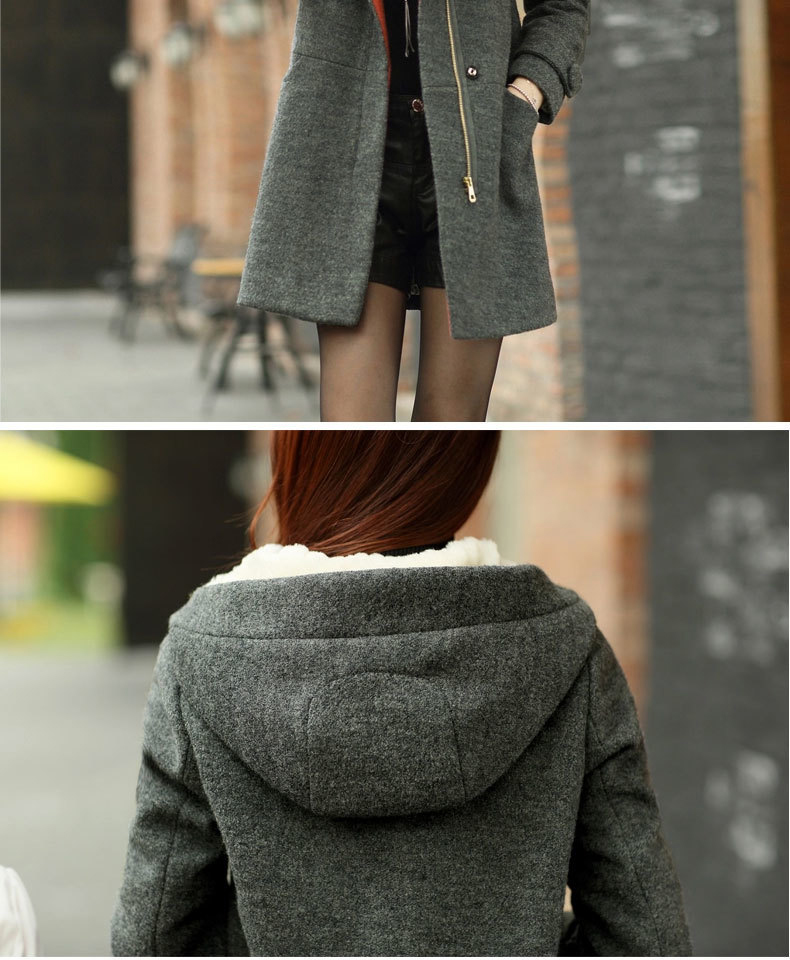 佳衣名品 2015冬装连帽修身中长款毛呢外套 F8738 灰色 XL