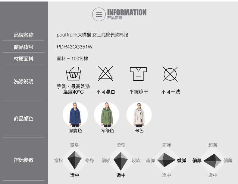 paulfrank大嘴猴2015春季新款女式防风防水加厚长款棉服paulfrank正品 藏青色 XL