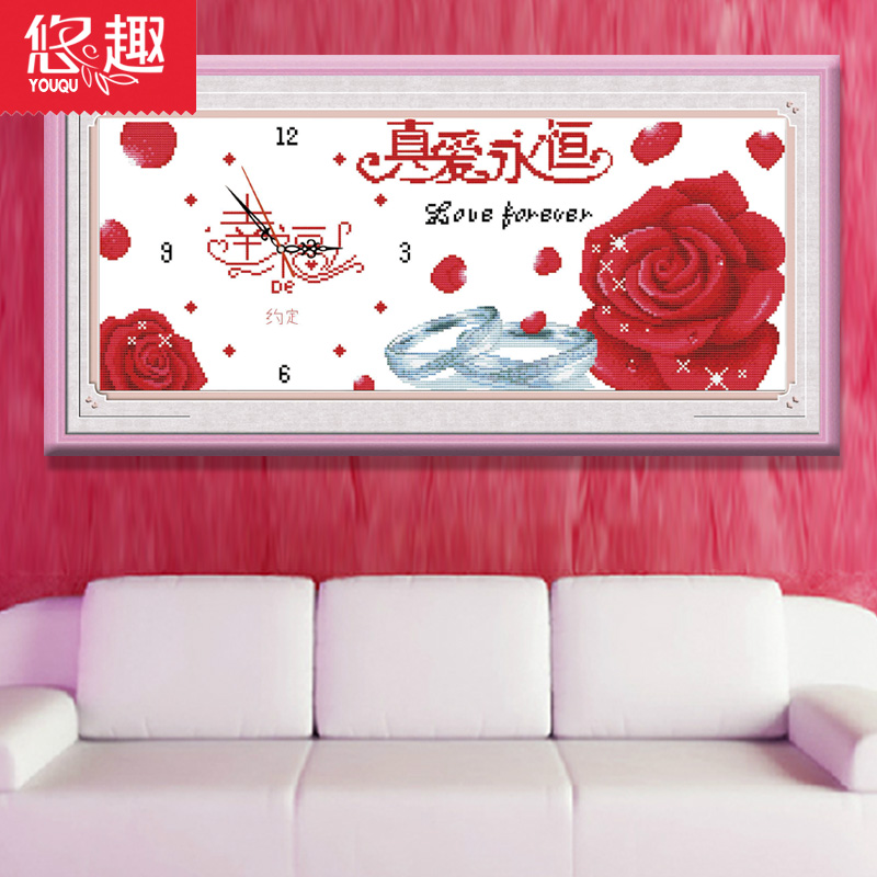 
                                                                                悠趣 十字绣 真爱永恒系列 精准印花布手工刺绣风景十字绣套件 爱情玫瑰花卉温馨之家 小幅卧室装饰挂画 真爱永恒相伴一生70*40cm - 棉线                