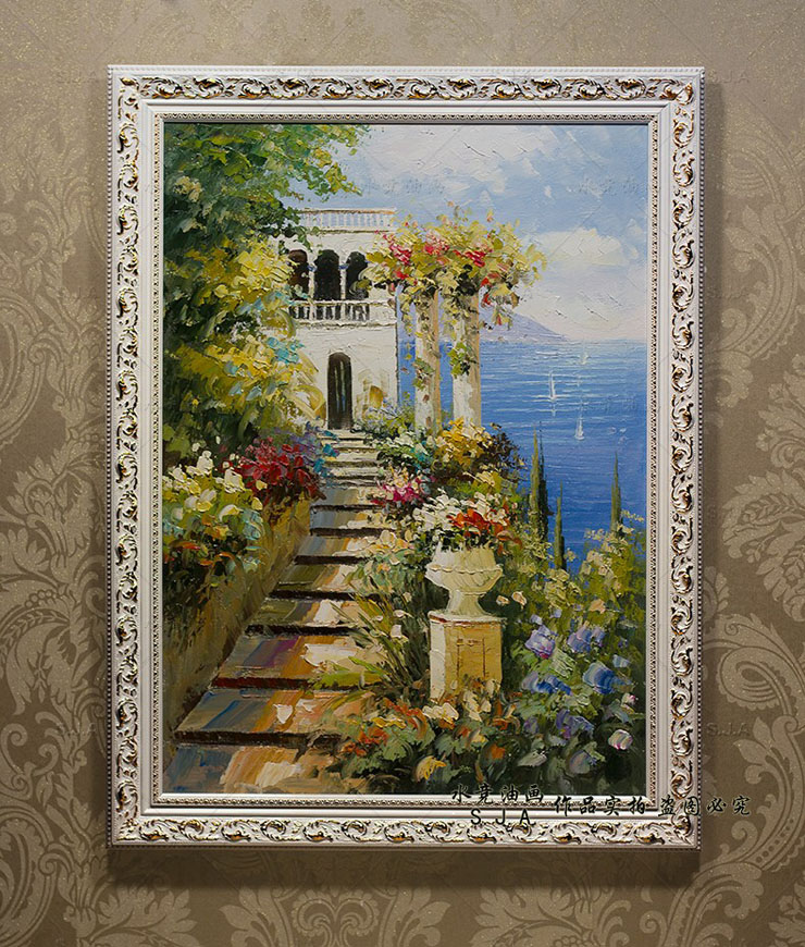 
                                        水竞欧式油画手绘风景地中海装饰画客厅有框画挂画壁画 三联一套 60*80                