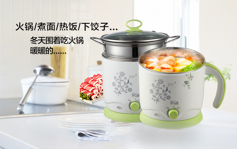哥尔多功能电热锅 电煮锅电热杯 迷你小电锅学生煮面锅家用电火锅 绿色(单层)