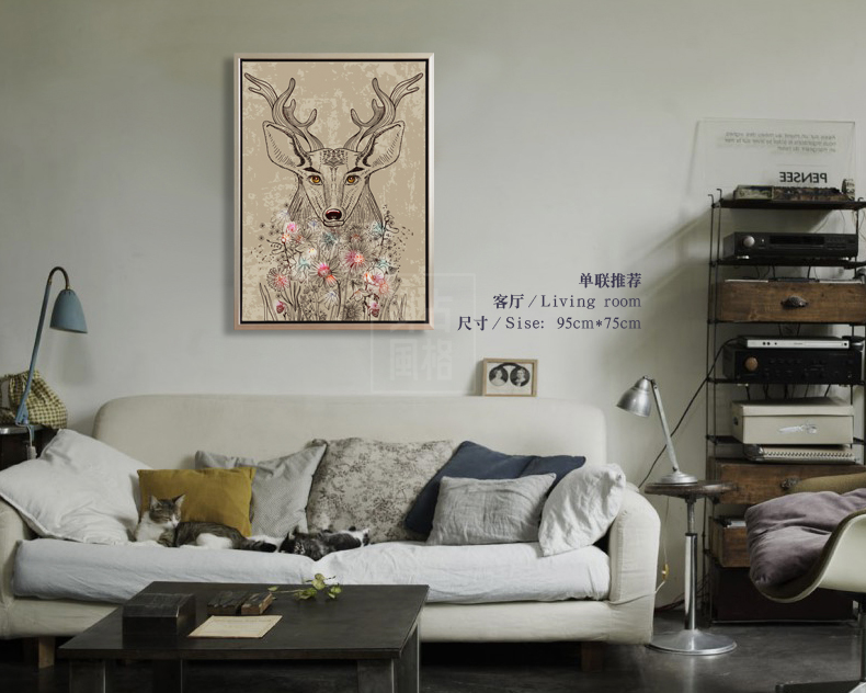 贝占风格 驯鹿 美式乡村装饰画玄关挂画卧室墙画怀旧复古动物有框画餐厅画 75*95
