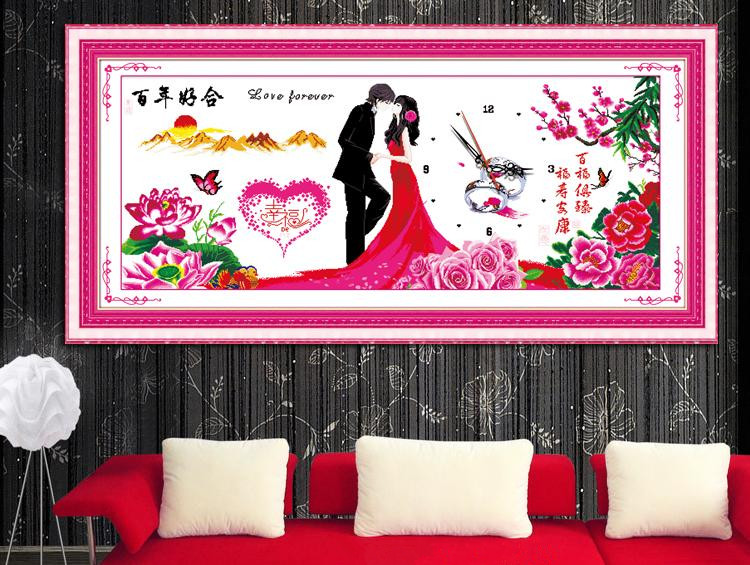 悟客WUKE 精准印花十字绣钟表 真爱永恒百年好合 新款卧室结婚庆婚纱人物系列图 精准印花生态棉线 11CT