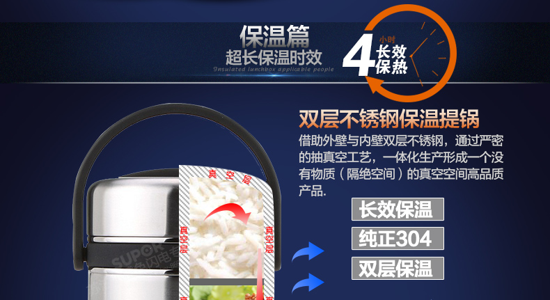 苏泊尔(SUPOR)保温饭盒2.5L大容量多层保温饭桶304不锈钢学生便当盒KF25A1黑 黑色 KF25A1