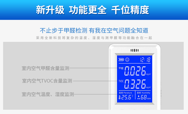 自由光 甲醛检测仪家用 tvoc空气质量自监测试仪盒检测仪除甲醛测试仪