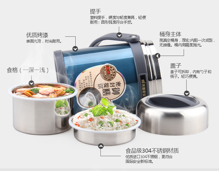 
                                                            茂盛年华 304不锈钢超长保温饭盒1人便携多层保温桶手提锅三层分格便当盒 1.9L松花蓝                