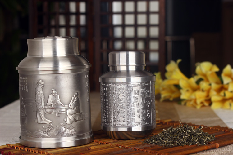 品茶忆友 锡制茶叶罐 兰亭序茶叶盒 纯锡茶盒 密封罐 茶道配件 竹林七贤特大号