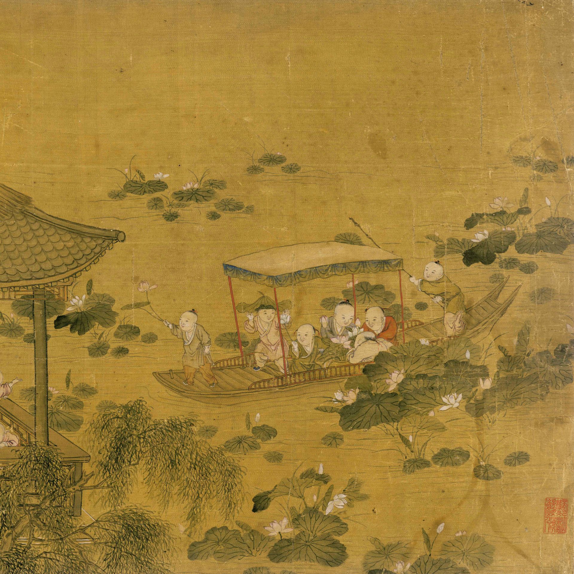 百子图 仿古画 复制画 酒店会所居家装饰字画 40x200cm_现价-1元