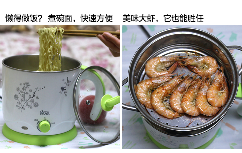 哥尔多功能电热锅 电煮锅电热杯 迷你小电锅学生煮面锅家用电火锅 绿色(单层)