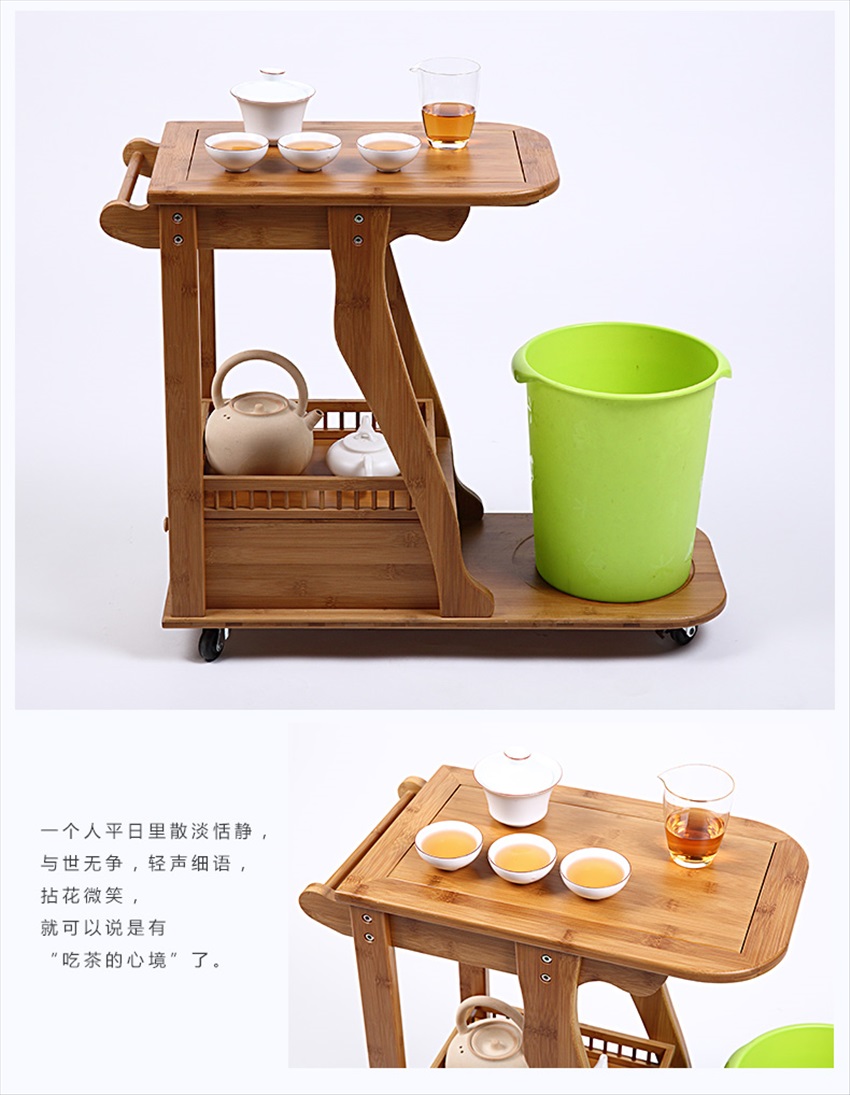 竹制可移动带轮茶水车功夫茶具 竹茶车茶几茶桌泡茶台