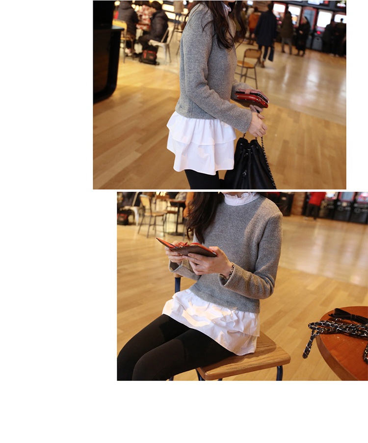 情玛妮   2015新款女装衬衫韩版修身荷叶边针织衬衣长袖假两件打底衫潮N910