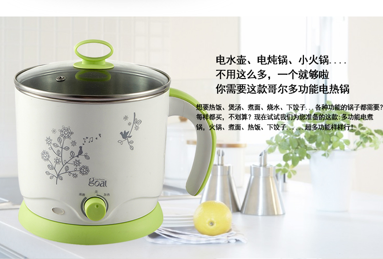 哥尔多功能电热锅 电煮锅电热杯 迷你小电锅学生煮面锅家用电火锅 绿色(单层)