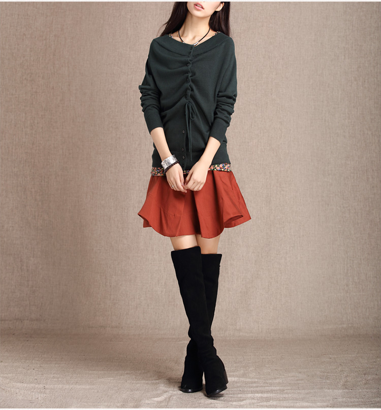 一衣江南 2015春季女装新款宽松低领前后两穿抽绳长袖针织毛衣开衫K009 姜黄/秋香绿 M