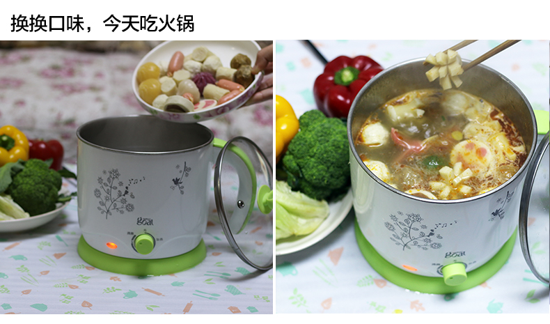 哥尔多功能电热锅 电煮锅电热杯 迷你小电锅学生煮面锅家用电火锅 绿色(单层)