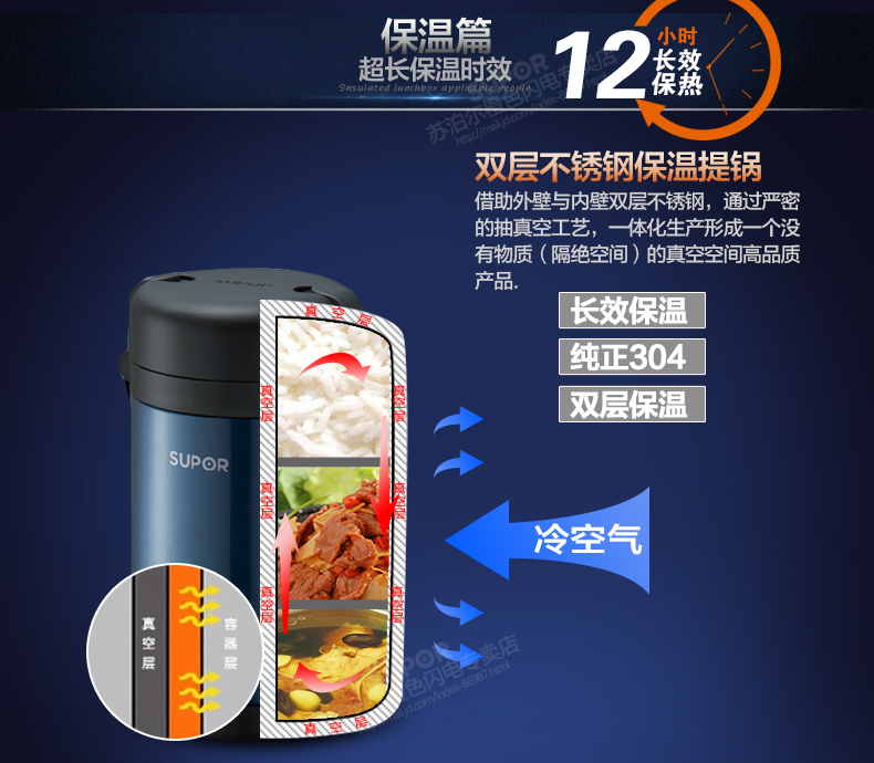 
                                        苏泊尔(SUPOR)保温饭盒闷烧杯壶1.7L多层保温饭桶304不锈钢学生便当盒KF17B1 松花蓝 KF17B1                