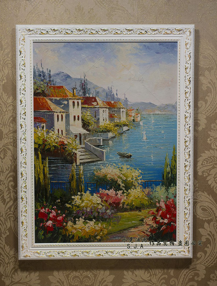 
                                        水竞欧式油画手绘风景地中海装饰画客厅有框画挂画壁画 三联一套 60*80                