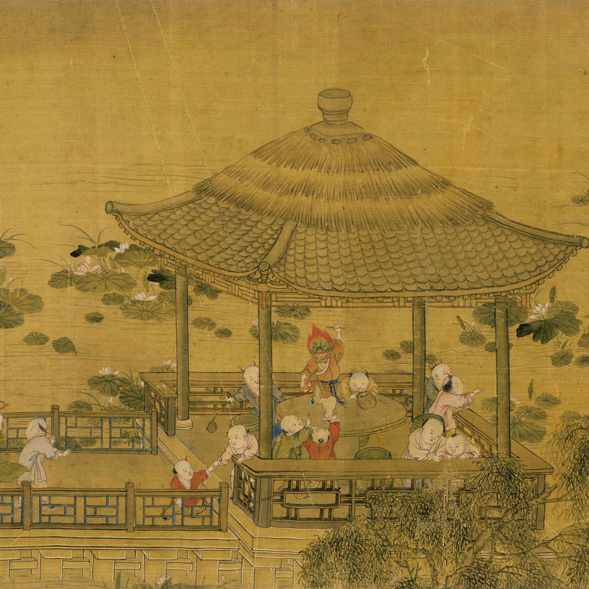 百子图 仿古画 复制画 酒店会所居家装饰字画 40x200cm_现价-1元