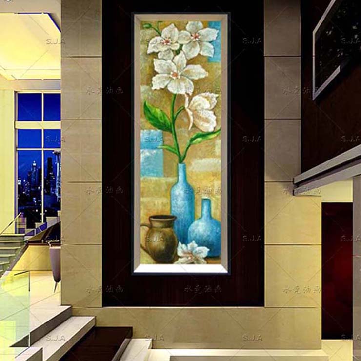 水竞玄关装饰画客厅过道走廊竖长幅挂画餐厅壁画卧室花卉油画 B款 带外框45*125CM