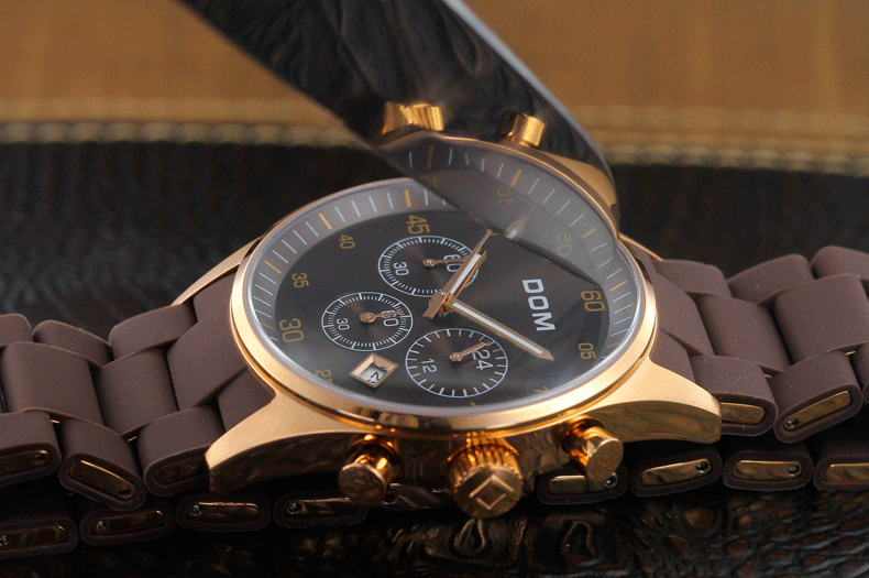 多姆(dom)手表 男表 三眼跑秒计时多功能石英表 橡胶钢带男士手表