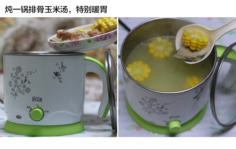 哥尔多功能电热锅 电煮锅电热杯 迷你小电锅学生煮面锅家用电火锅 绿色(单层)
