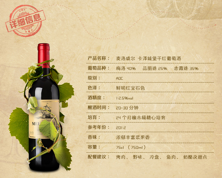 主体 原产国 法国 类型 红葡萄酒 葡萄品种 梅洛(merlot) 特性 整箱