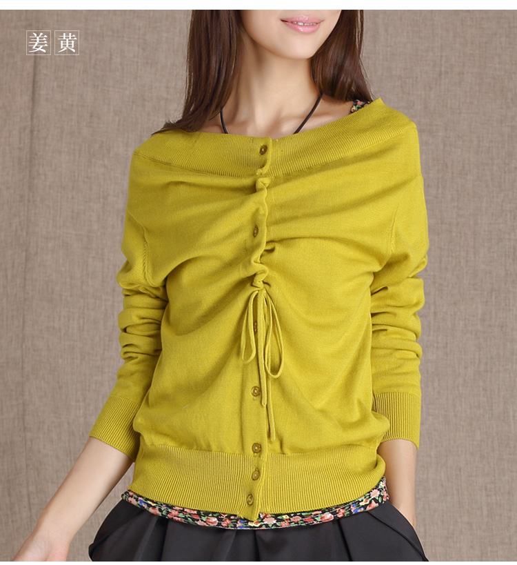 一衣江南 2015春季女装新款宽松低领前后两穿抽绳长袖针织毛衣开衫K009 姜黄/秋香绿 M