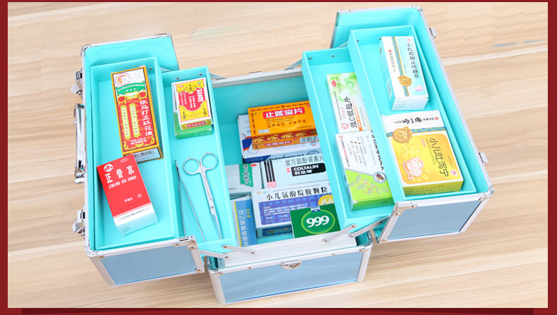 
                                        俊葳土豪金家用便携式药品收纳箱 家庭用急救箱 医药箱  出诊箱 彩色整理箱 镜面蓝 E5011-2                