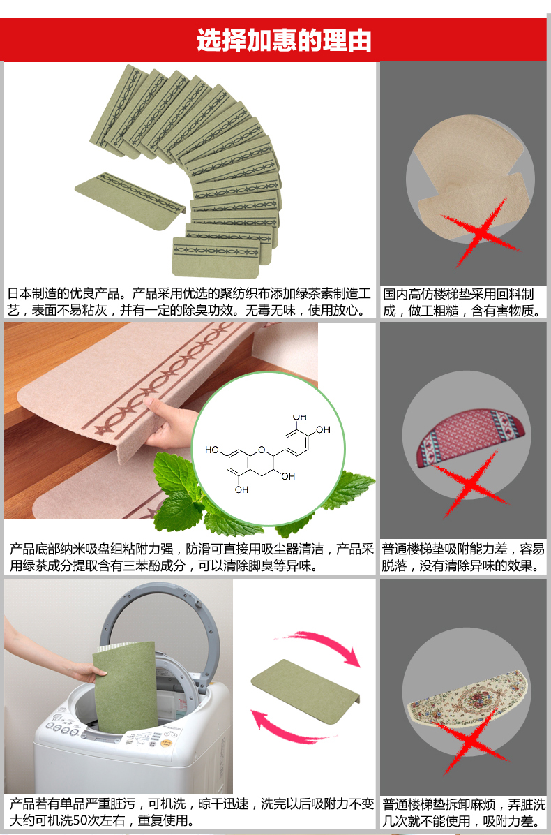 
                                        日本进口楼梯垫踏步垫梯免胶自粘脚垫 自吸楼梯防滑垫 绿色纯色1片装 45cmx21cm                
