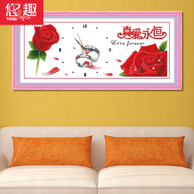 
                                                                                悠趣 十字绣 真爱永恒系列 精准印花布手工刺绣风景十字绣套件 爱情玫瑰花卉温馨之家 小幅卧室装饰挂画 真爱永恒相伴一生70*40cm - 棉线                