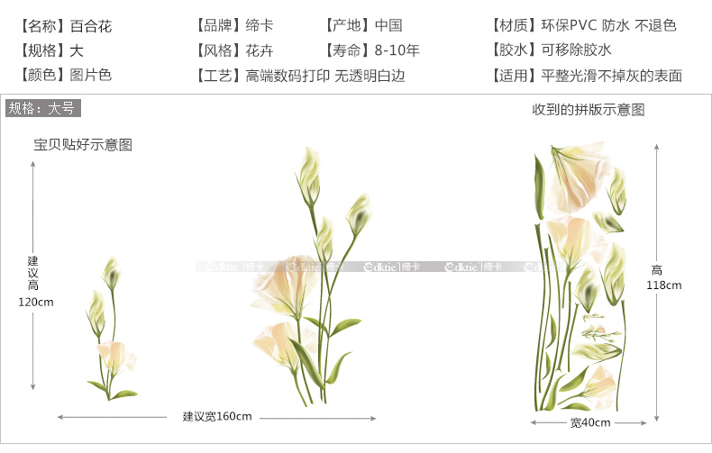 缔卡 百合花 可移除走廊墙贴客厅电视背景墙墙壁贴纸卧室温馨墙面贴画 多款可选 真正可移除 图片色