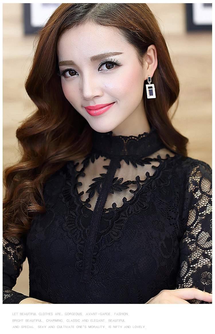 花瓣雨世家  2015秋冬女装立领网纱打底衫长袖蕾丝衫上衣修身小衫加绒1941 黑色加绒 M