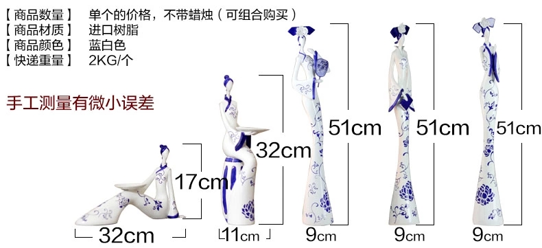 靓莎莎 欧式蜡烛台摆件浪漫 简约家居书房电视柜茶几摆件实用创意装饰品人物摆设 青花工艺品 一套5个
