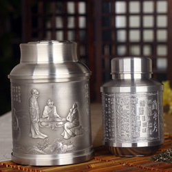品茶忆友 锡制茶叶罐 兰亭序茶叶盒 纯锡茶盒 密封罐 茶道配件 竹林七贤特大号