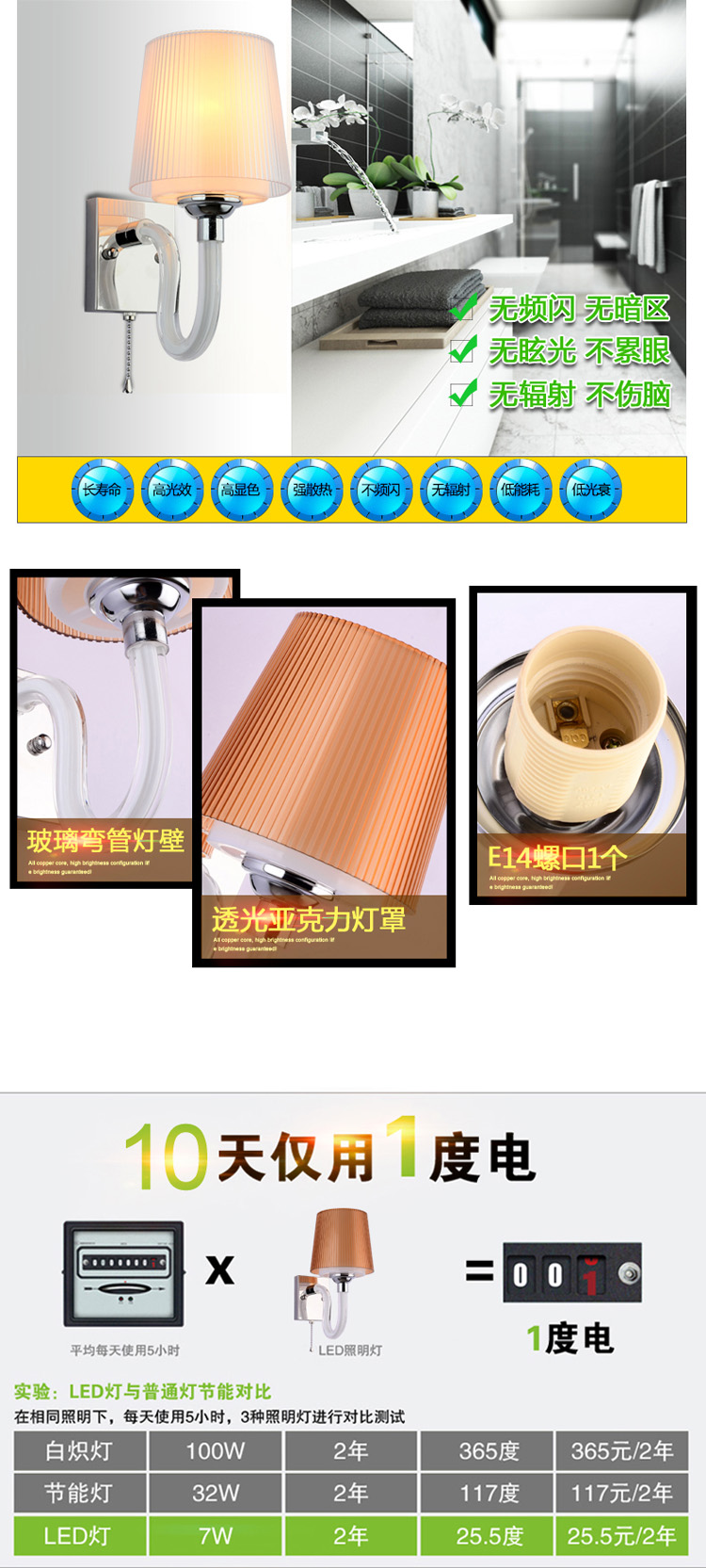 
                                        SHOPP 时尚简约壁灯床头灯过道走廊灯卧室装饰灯 带开关6575 白色                