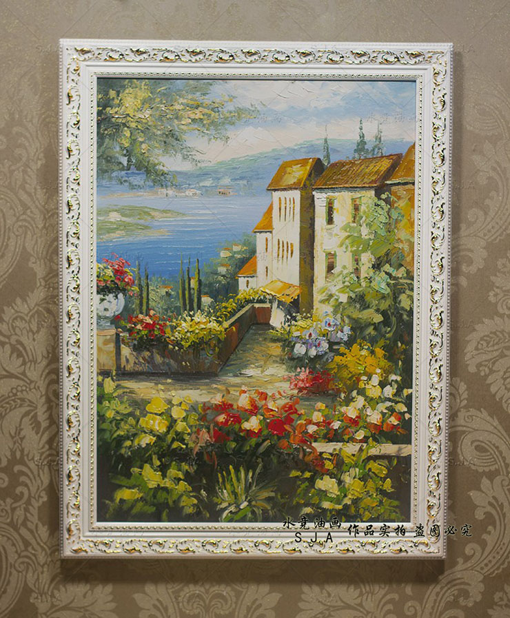 
                                        水竞欧式油画手绘风景地中海装饰画客厅有框画挂画壁画 三联一套 60*80                