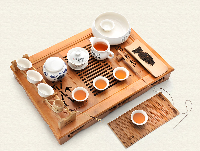 雅集陶瓷茶具套装功夫茶 景德镇白瓷茶道套装 带竹茶盘茶海