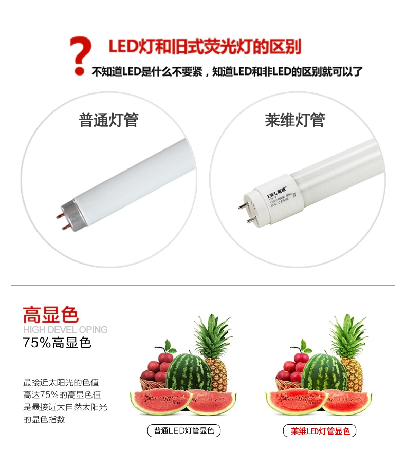 莱维 led日光灯管t8光管支架LED节能灯LED荧光灯光管灯1.2米16W 16瓦灯管/白光带支架