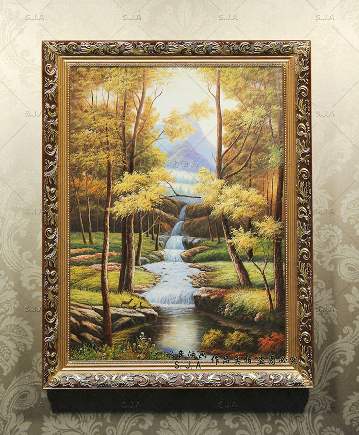 
                                        水竞玄关油画走廊装饰画书房壁画竖版欧式古典山水风景画三只小鹿 W10B雅韵金实木框 60*80                