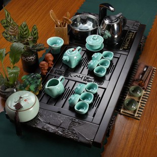 品和包邮整套实木茶盘套装电磁炉套装 宜兴紫砂功夫茶具 电磁炉实木茶盘  整套汝窑茶具 套装10大祥云茶盘纯黑紫砂套装