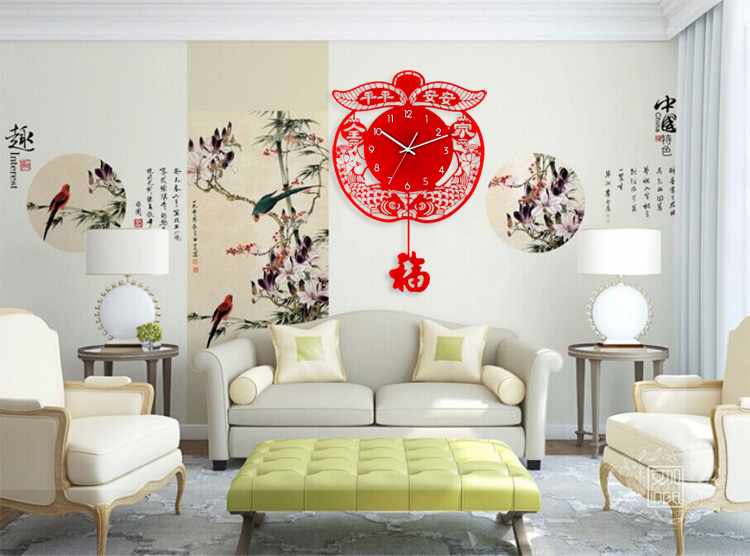 美世达现代时尚创意客厅挂钟静音石英钟中国风摇摆钟表艺术时钟 小号40*55CM